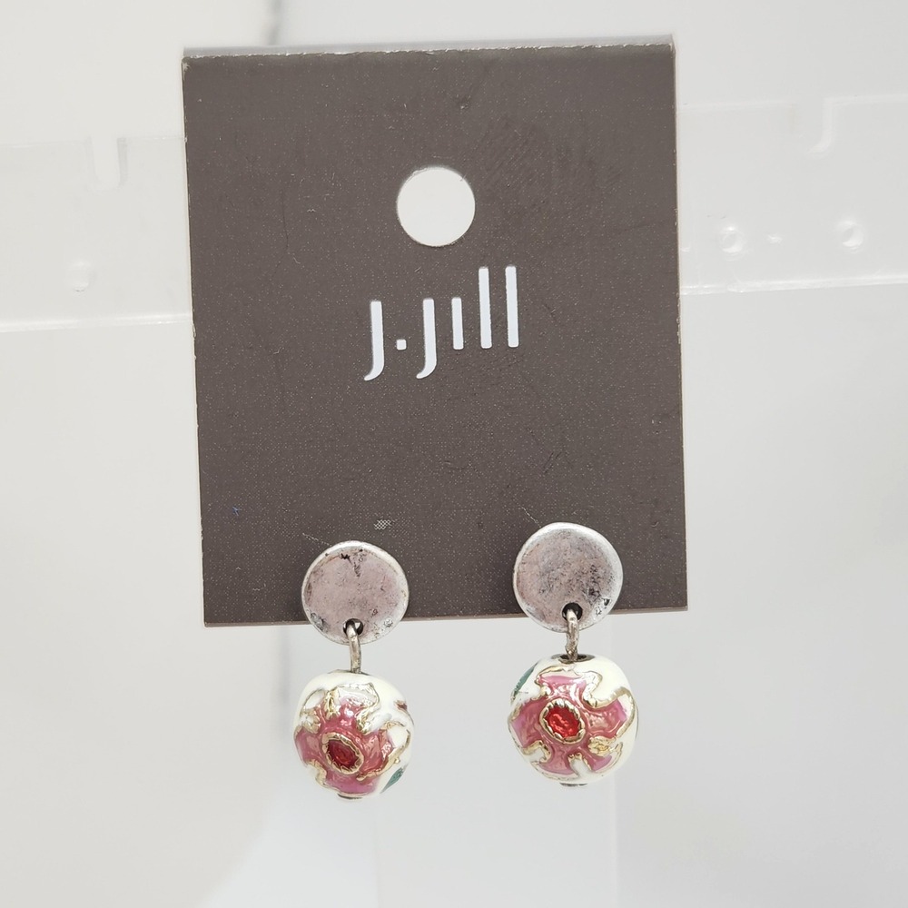 Dainty Flower Cloisonne Drop Earrings White Pink Enamel Silver Tone Cottagecore